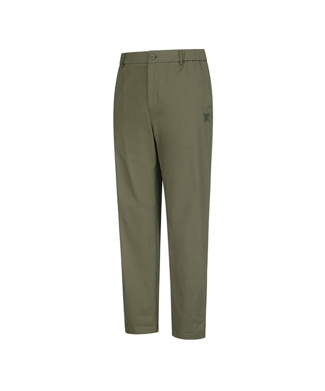 ANEW Golf Men Loose Fit Selvage Roll-Up Long Pants displayed on a hanger, showcasing the relaxed fit and stylish roll-up design.